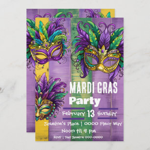 Invitation Trois Masques Mardi Gras En Vert Or Violet