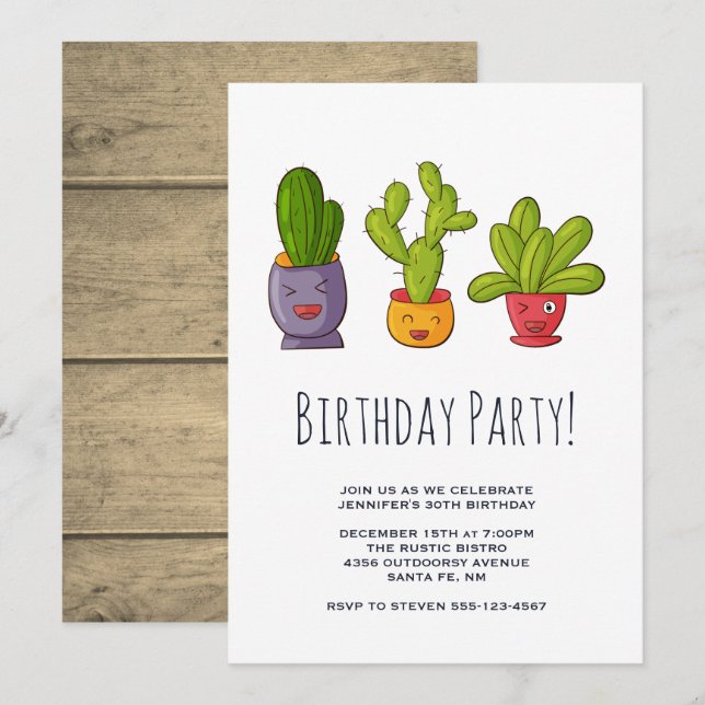 Invitation Trois mignons Cactus Illustration Anniversaire (Devant / Derrière)