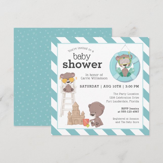 Invitation Trois ours au Baby shower de plage pour garçon (Devant / Derrière)