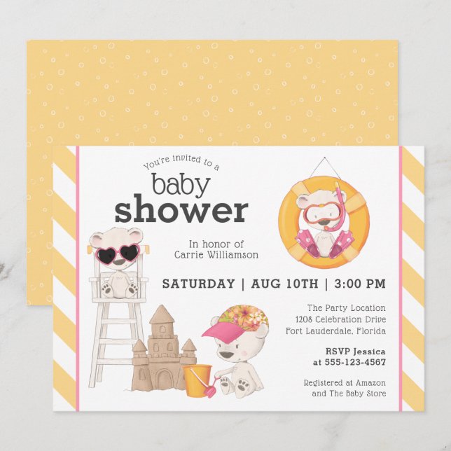 Invitation Trois ours sur le Baby shower de fille de la plage (Devant / Derrière)