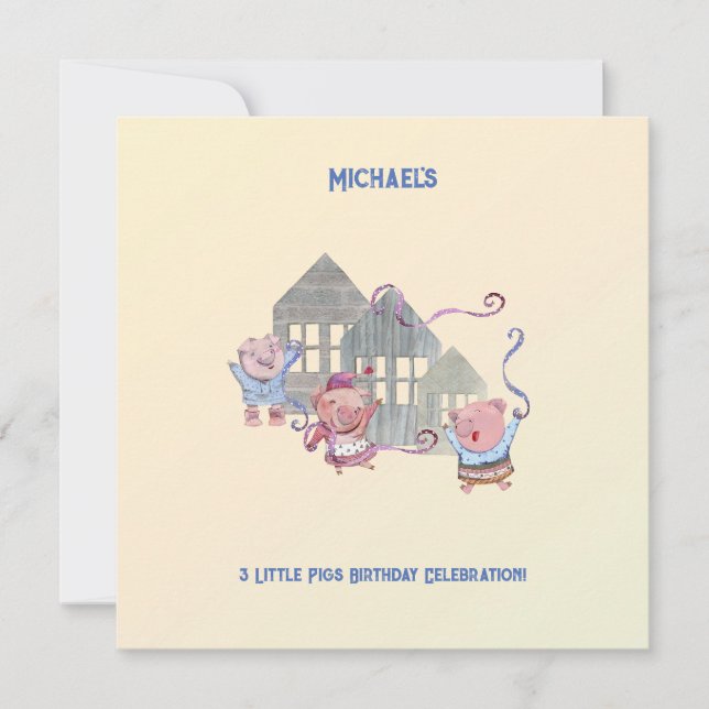Invitation Trois petits cochons personnalisés fête d'annivers (Devant)