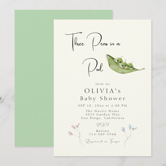 Invitation Trois petits pois dans un Baby shower de pois (Devant / Derrière)