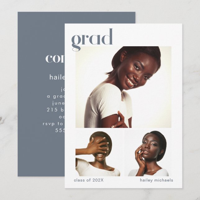 Invitation Trois photo Collage Graduation Party Blue (Devant / Derrière)