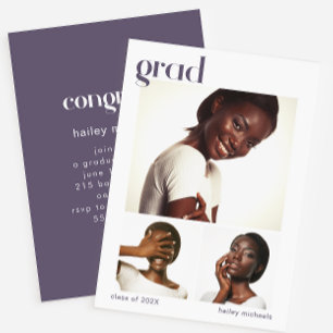 Invitation Trois photo Collage Graduation Party Purple