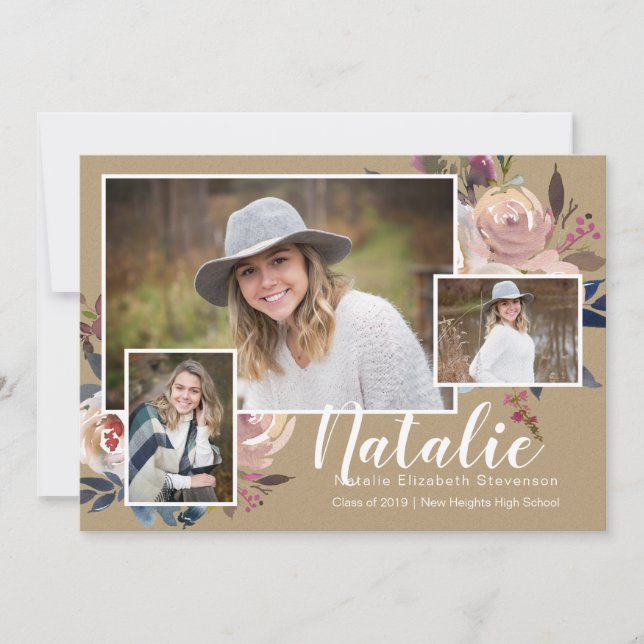 Invitation Trois Photo Floral Parti de Graduation Personnalis (Devant)