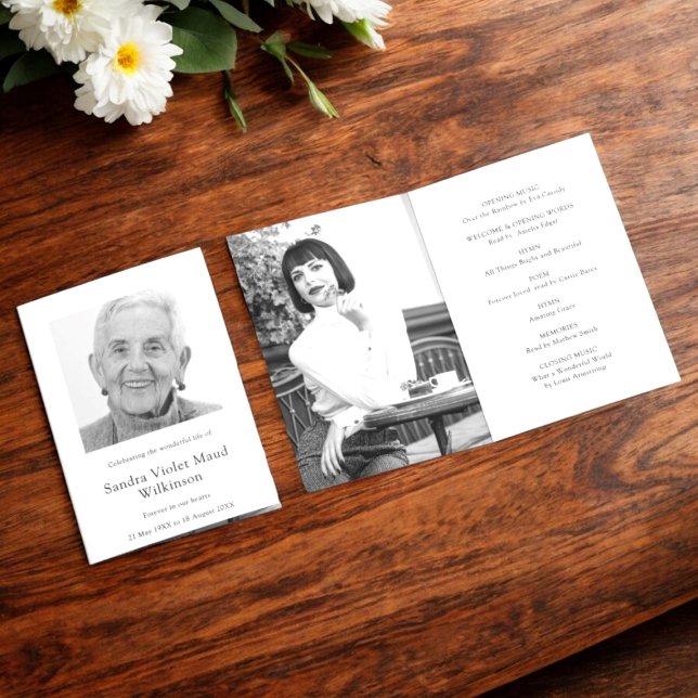 Invitation Trois photo funérailles modernes ordre de service (modern black and white funeral order of service with  two photo templates , modern memorial service)