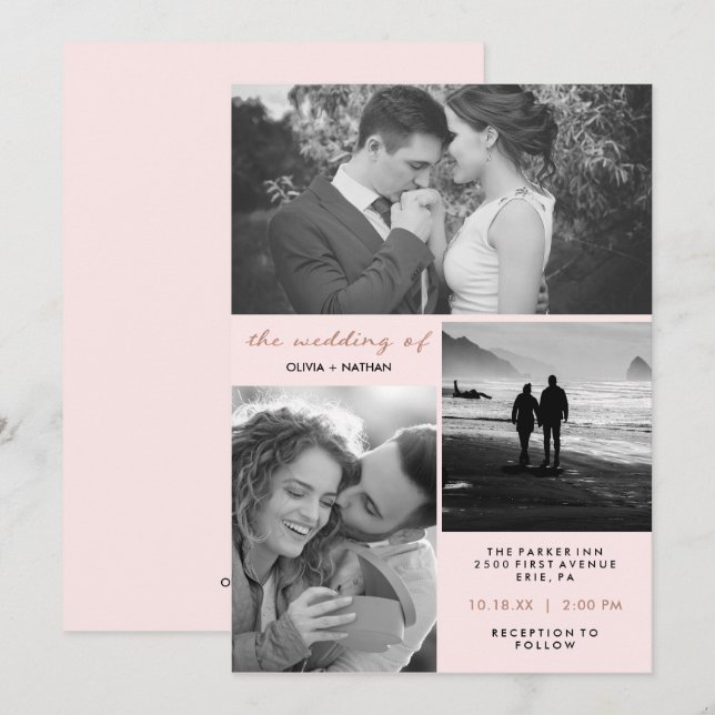 Invitation Trois photos| Blush et Faux Rose Gold Mariage (Devant / Derrière)