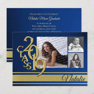 Invitation Trois photos de remise des diplômes Blue and Gold 