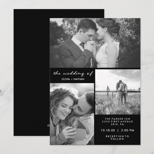 Invitation Trois photos | Mariage noir et blanc (Devant / Derrière)