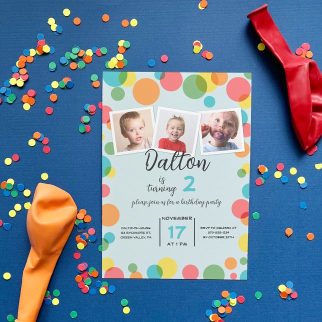 Invitation Trois photos Pois n'importe quel âge Anniversaire (Créateur téléchargé)