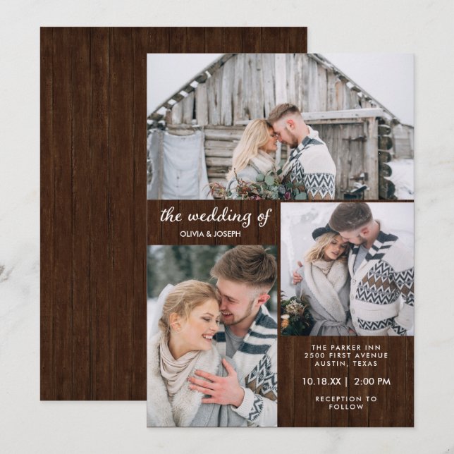 Invitation Trois photos sur Rustic Wood Look | MARIAGE (Devant / Derrière)