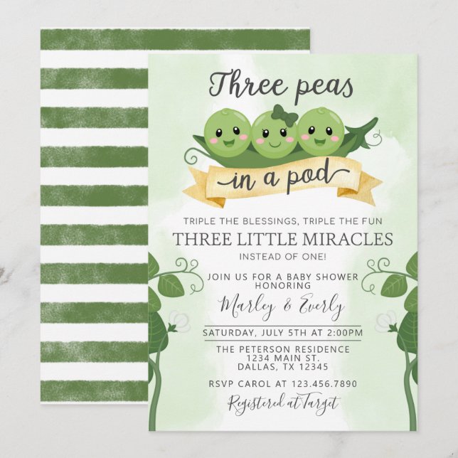 Invitation Trois pois dans un Baby shower de pois Triplet d'i (Devant / Derrière)