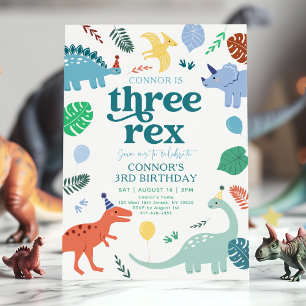 Invitation Trois Rex Blue Boy Dinosaur Boho 3e anniversaire