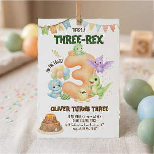 Invitation Trois-Rex Dinosaure Mignon Dino 3ème Anniversaire