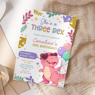 Invitation Trois Rex Fille Anniversaire Rose Dinosaure Fête