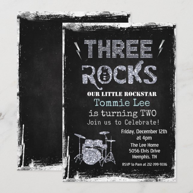 Invitation Trois Rocks Rockstar Drum set 3e anniversaire (Devant / Derrière)