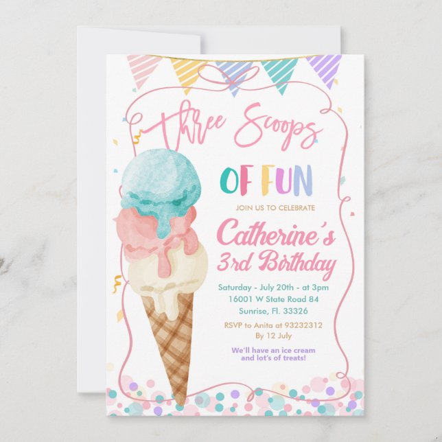Invitation Trois Scoops Of Fun 3ème Anniversaire Ice Creative (Devant)