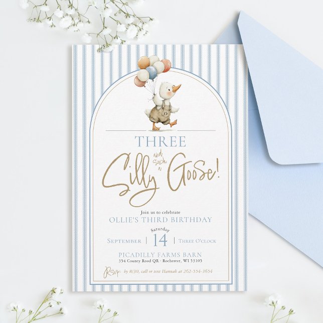Invitation TROIS Silly Goose Cute Pinstripe Boy 3e anniversai (THREE Silly Goose cute modern arch whimsical ticking pinstripe boy 3rd birthday party invitation)