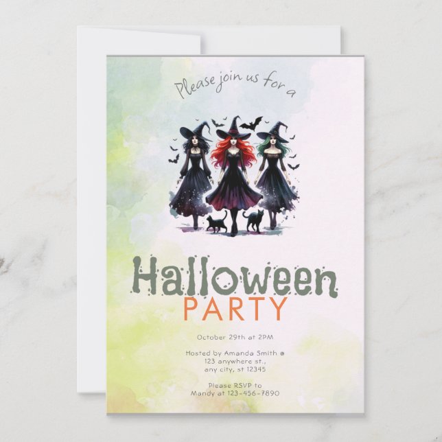 Invitation Trois sorcières Fête d'Halloween Chats Noirs chauv (Devant)