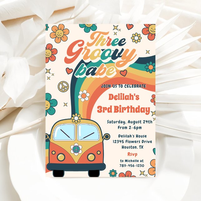 Invitation Trois Super Babe Retro Floral 3e fête d'anniversai (Créateur téléchargé)