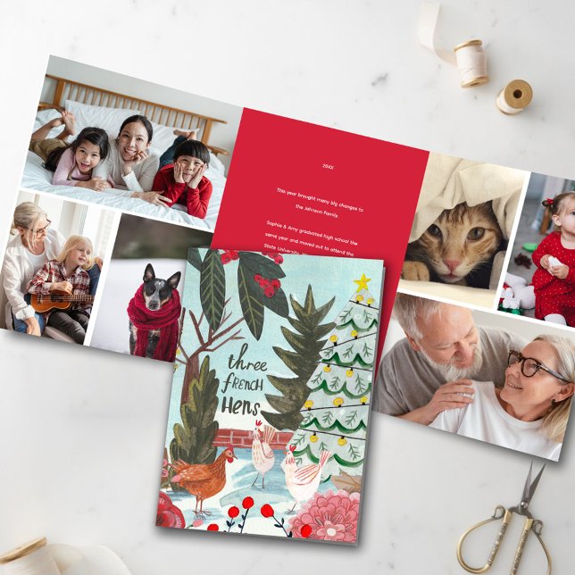 Invitation Trois Volets 12 jours Noël Trois poules françaises vacances pho (Tri Fold 12 Days of Christmas, Three French Hens illustrations Photo Greeting Card)