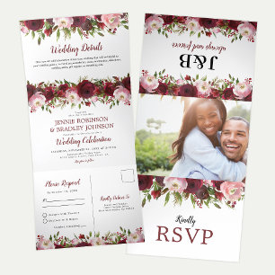 Invitation Trois Volets 3 en 1 Blush Burgundy Floral Mariage