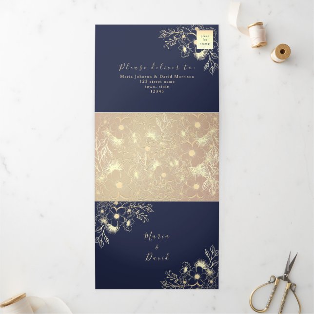 Invitation Trois Volets 3 en 1 Rose Gold et Mariage Navy (Extérieur)