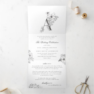 Invitation Trois Volets "A" Monogramme Beau Mariage floral croisé