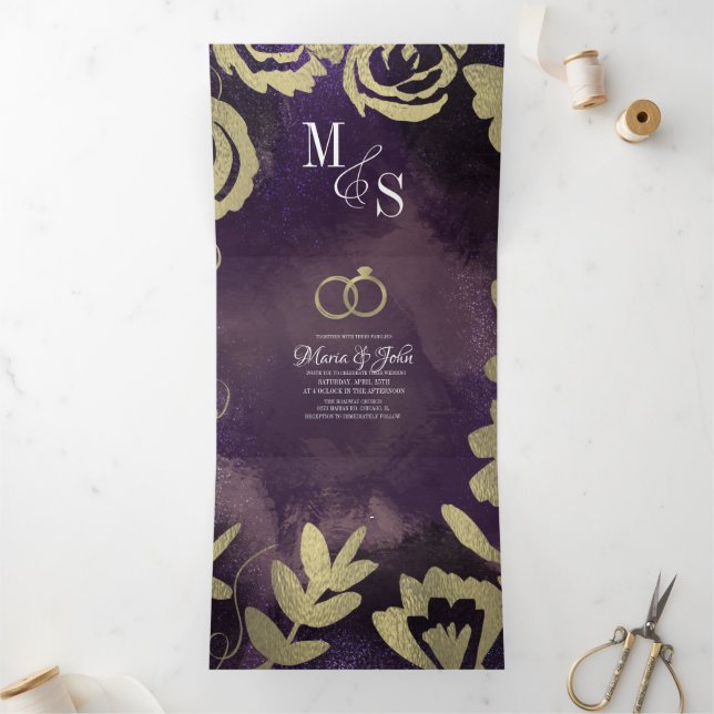 Invitation Trois Volets Abstrait violet noir glam or Roses Mariage (Intérieur)