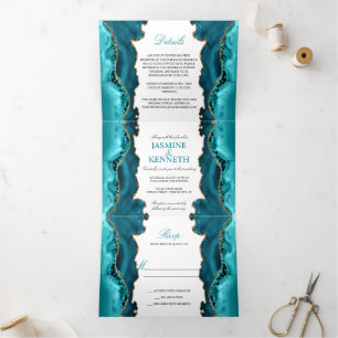 Invitation Trois Volets Agate turquoise et or sur Mariage blanc