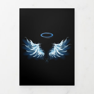 Invitation Trois Volets Ailes d'ange lumineuses bleues sur fond noir