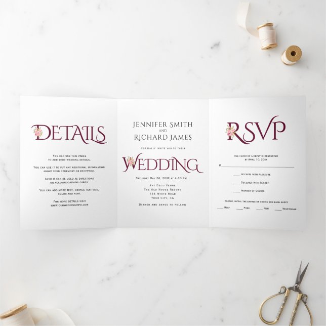 Invitation Trois Volets Ampersande bourguignonne avec mariage rose roses (Intérieur)