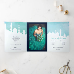 Invitation Trois Volets Aqua Arabian Nights Aquarelle Quinceañera Tri-Fol