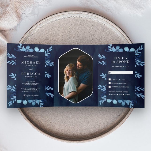 Invitation Trois Volets Aquarelle bleu Dusty Floral Photo Marine Mariage (Créateur téléchargé)