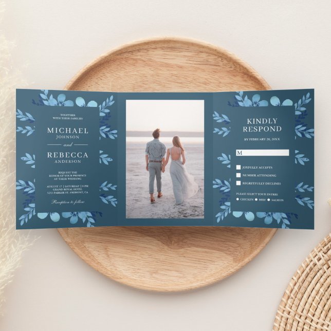 Invitation Trois Volets Aquarelle bleu Dusty Floral tout en un Mariage (Créateur téléchargé)