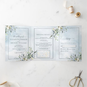 Invitation Trois Volets Aquarelle bleu Dusty vert botanique Script
