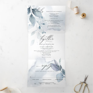 Invitation Trois Volets Aquarelle bleu foncé TOUS EN UN MARIAGE