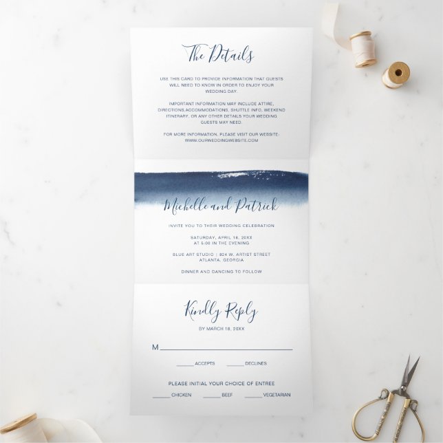 Invitation Trois Volets Aquarelle bleu marine moderne Mariage élégant (Intérieur)
