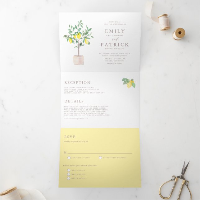 Invitation Trois Volets Aquarelle botanique Citron Mariage d'été (Intérieur)