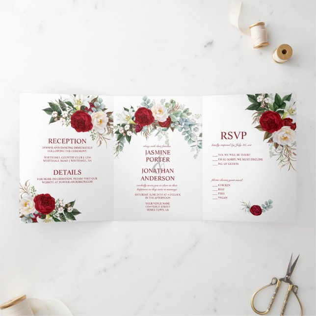 Invitation Trois Volets Aquarelle Bourgogne & Roses Blanches, Lily, Verdur (Intérieur)