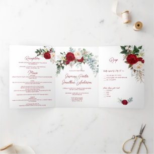 Invitation Trois Volets Aquarelle Bourgogne & Roses Blanches, Lily, W/Menu