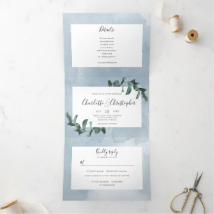 Invitation Trois Volets aquarelle eucalyptus bleu tout en un mariage