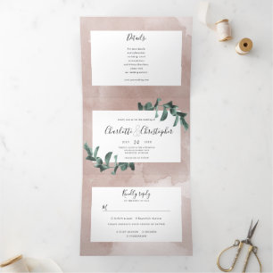 Invitation Trois Volets aquarelle eucalyptus rose tout en un mariage