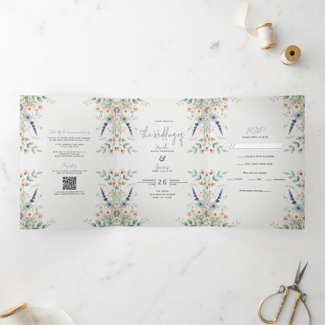Invitation Trois Volets Aquarelle Floral Fleur sauvage Printemps mariage (Intérieur)