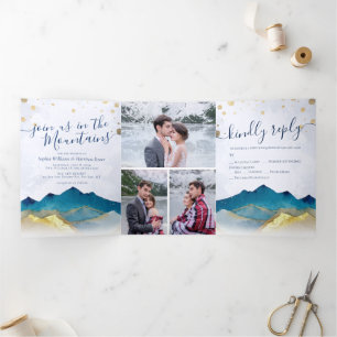 Invitation Trois Volets Aquarelle Golden Mountains Photo Collage Mariage