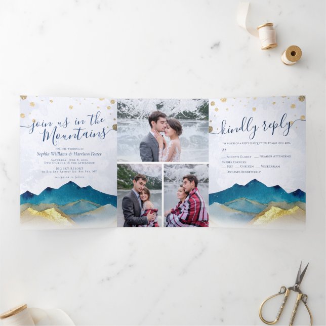 Invitation Trois Volets Aquarelle Golden Mountains Photo Collage Mariage (Intérieur)