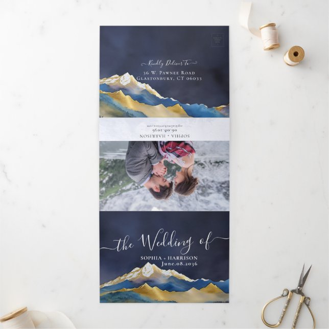 Invitation Trois Volets Aquarelle Golden Mountains Photo Collage Mariage (Extérieur)