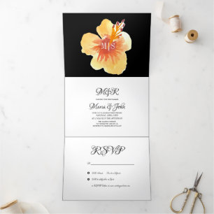 Invitation Trois Volets Aquarelle Hibiscus Été Tropical Jaune Orange