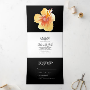 Invitation Trois Volets Aquarelle Hibiscus Été Tropical Jaune Orange