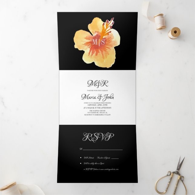 Invitation Trois Volets Aquarelle Hibiscus Été Tropique Jaune Orange (Intérieur)
